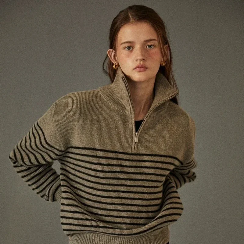 

Women New Autumn Fashion Loose Striped Knitted Lapel Half-zip Sweater