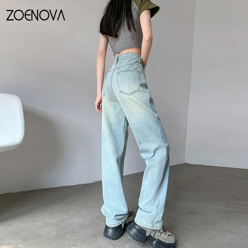 ZOENOVA 여성용 하이웨이스트 청바지, 루즈한 와이드 레그, 스몰 슬림 하이 스트리트 갸루 스트레이트 팬츠, 한국 패션, 용수철 가을
