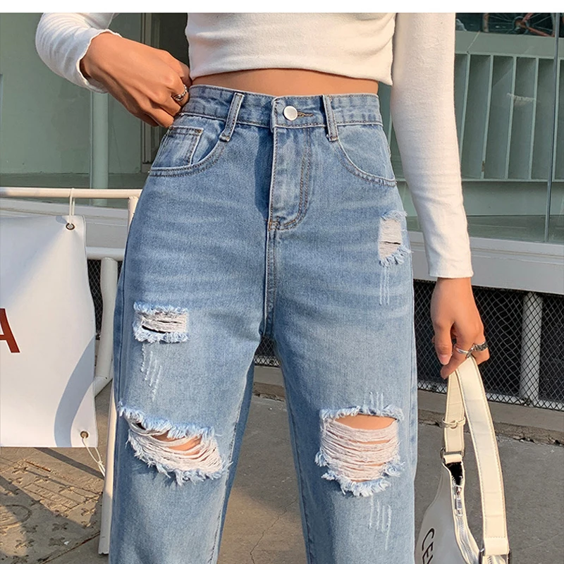 Vintage Jeans Broken Hole Nine Minute Pants Spring and Summer Straight Loose High Waist Thin Harun Trousers for Women