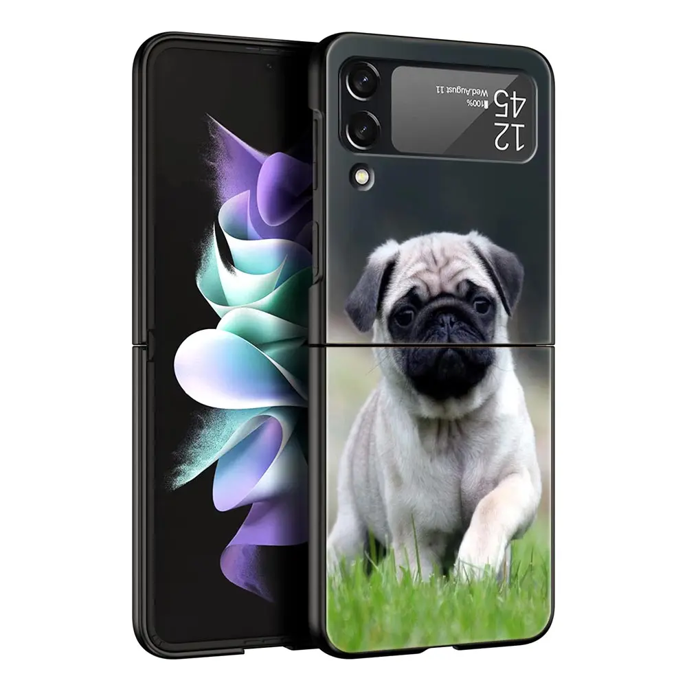 Folding Black Shell Phone Case with Cute Pug Design - PC Hard Cover