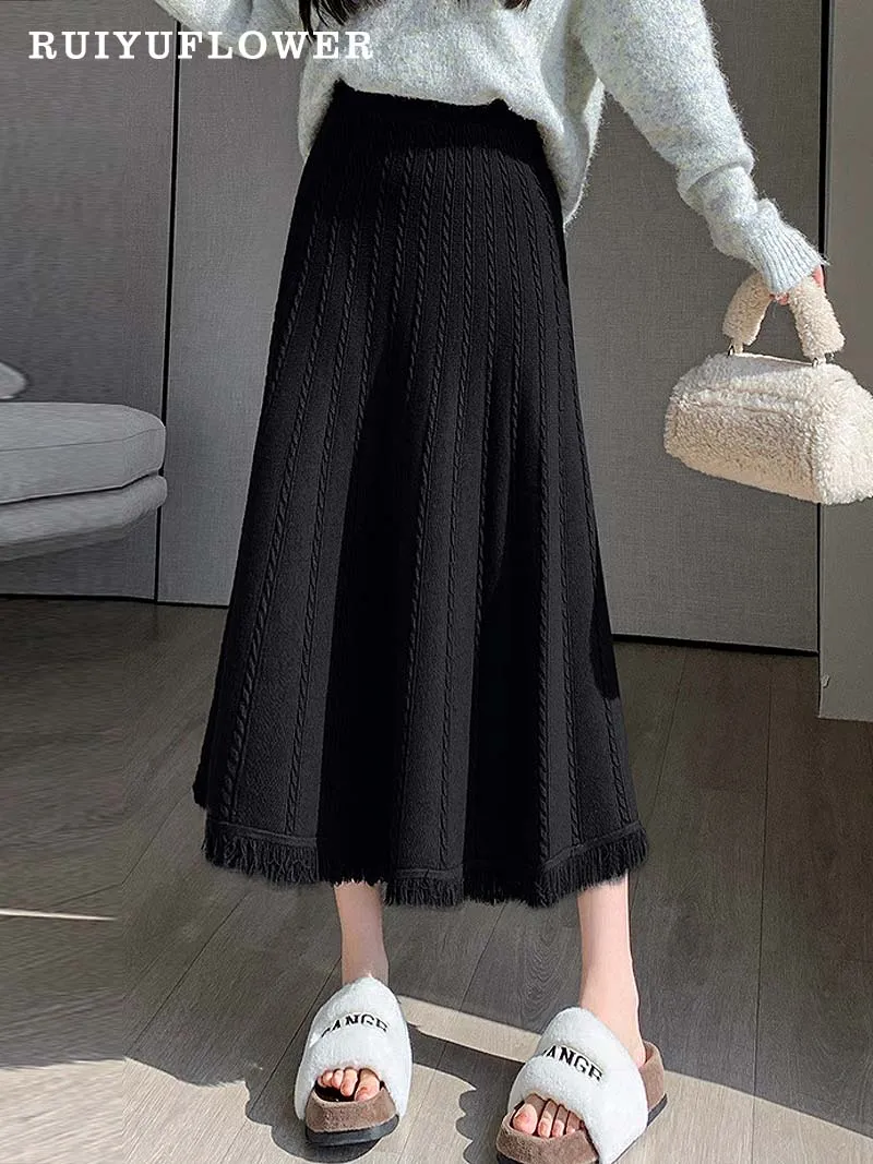 

Lady Knitting Rib Tassels Long Full Skirts Spring Autumn Winter All-Purpose Casual High-Waist A-Line Ruffle Female Women Clothes