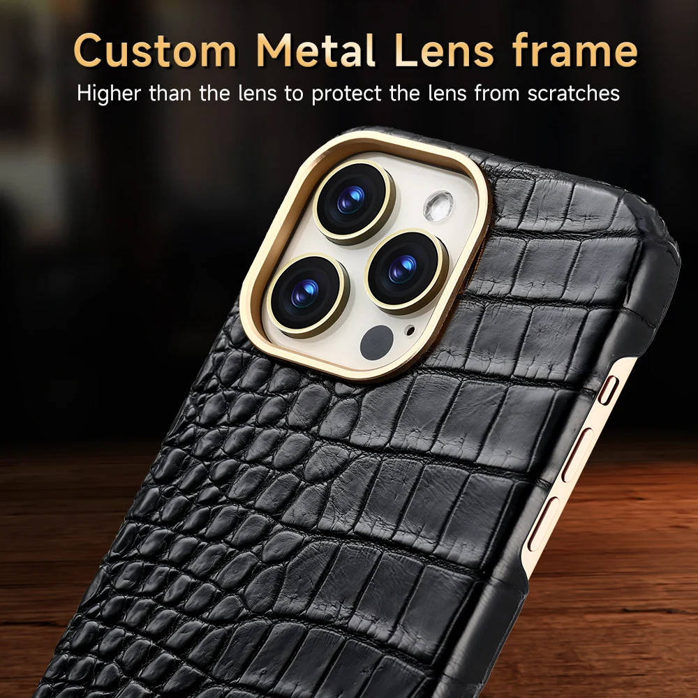 Genuine Crocodile Stingray Ostrich Leather for Magsafe Case for iPhone 15 13 14 Pro Max Magnetic Cover with Screen Protector