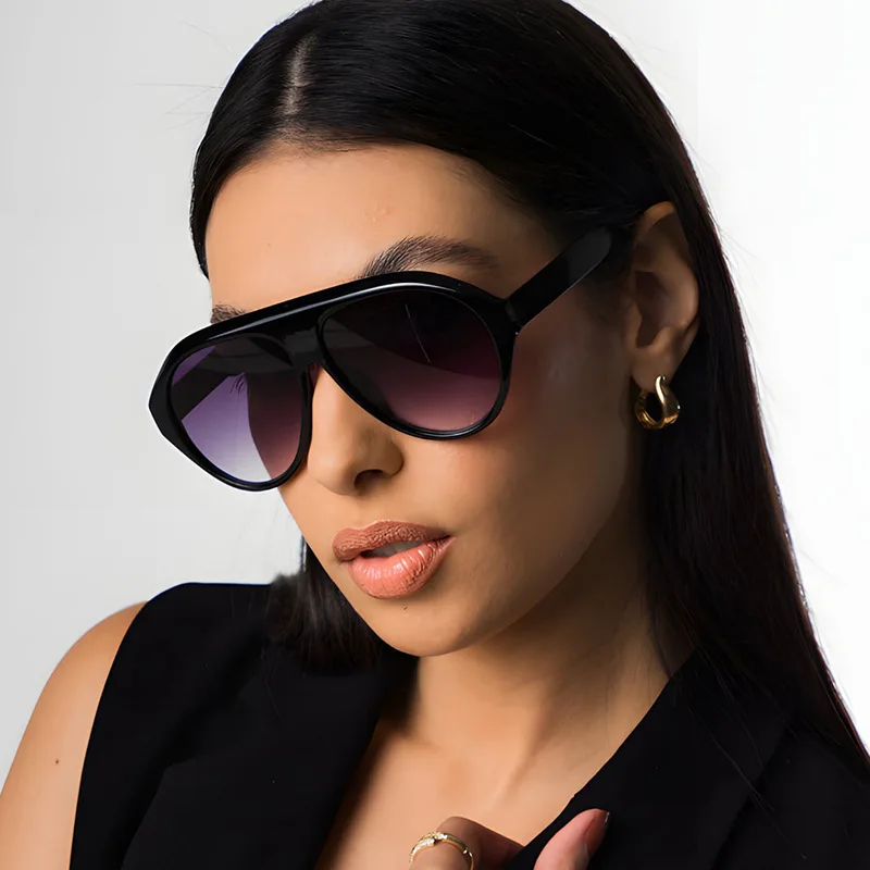 Vintage-Sonnenbrille mit großem Rahmen für Damen, runde Piloten-Sonnenbrille in Schwarz mit Farbverlauf, coole Herren-Sonnenbrille, Designer-Sonnenbrille aus einem Stück für Männer – Detail 9