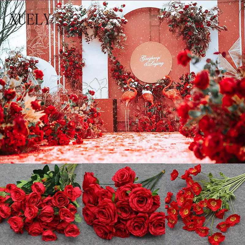 10PcsLotRedSeriesArtificialFlowerMaterialBurgundyWeddingRoadLeadBackdropWallFloral