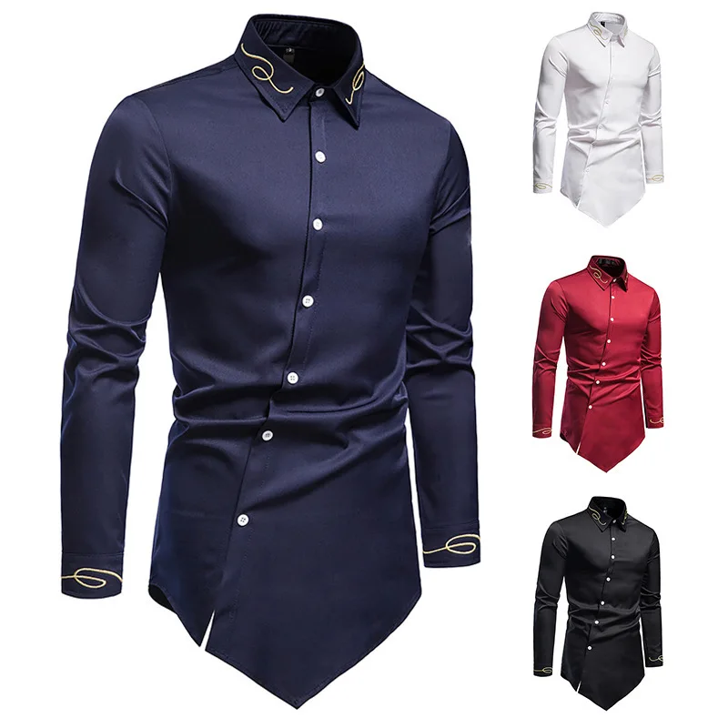 Spring 2022 New European Size Men's Trend Embroidered Asymmetric Long-sleeved Shirt Men's Shirt Camisas Para Hombre