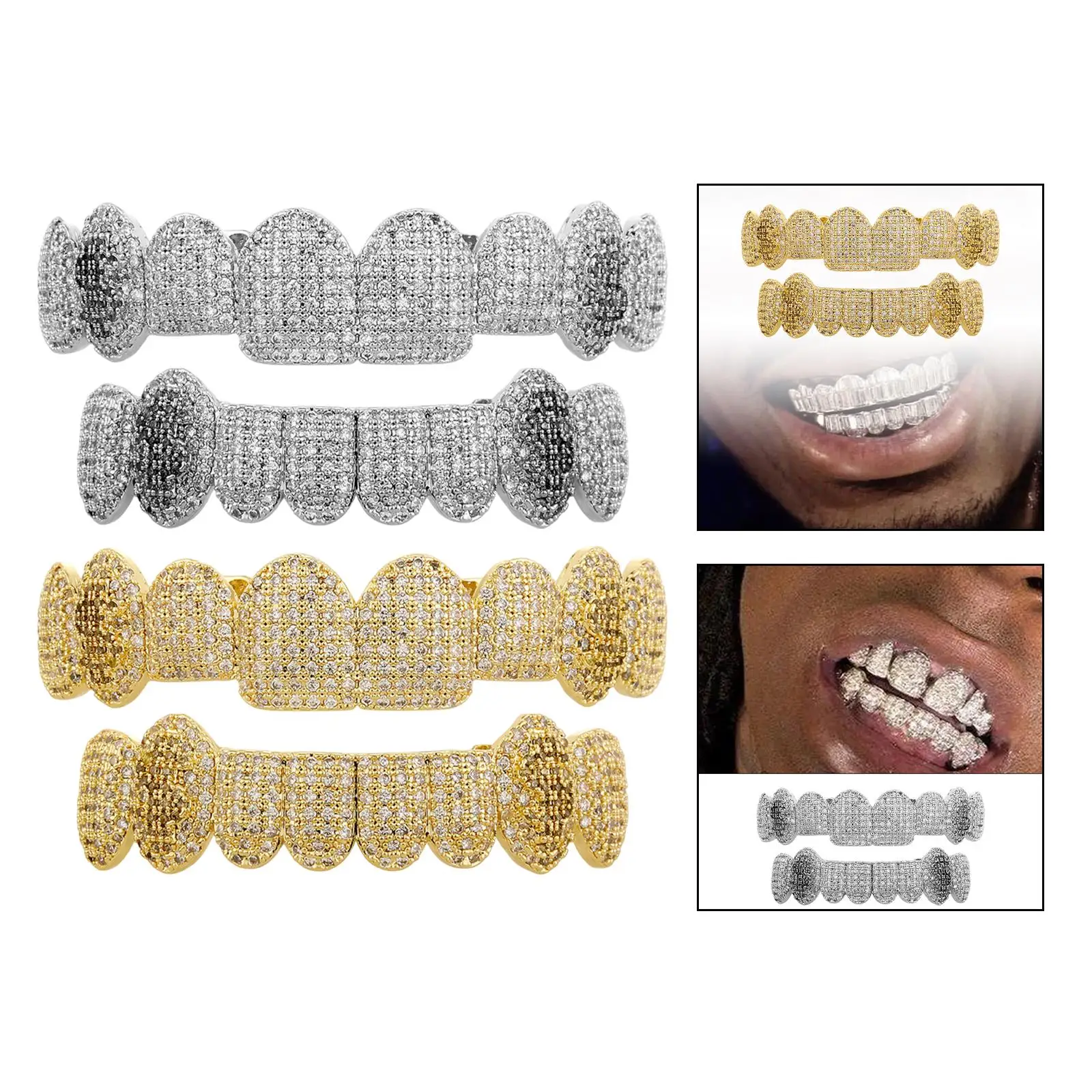 Hip Hop Grillz 8 Top 8 Bottom Tooth for Men Women Rapper Costume