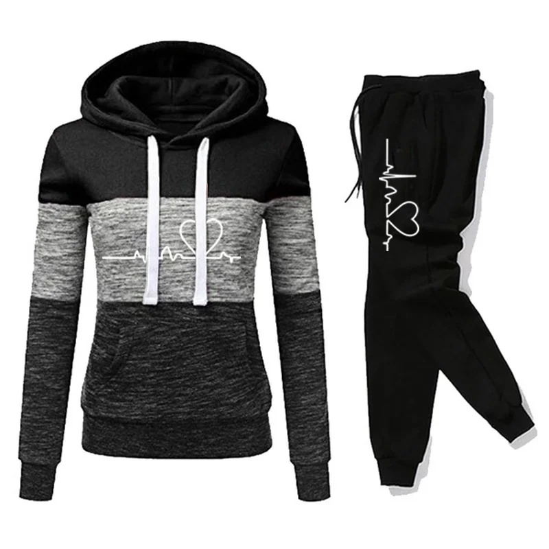Women Tracksuit Printing Hooded Sweatshirt Sweatpant Color Block Versatile Casual Jogging Pullovers Sport Trousers Outfits S-3XL 3