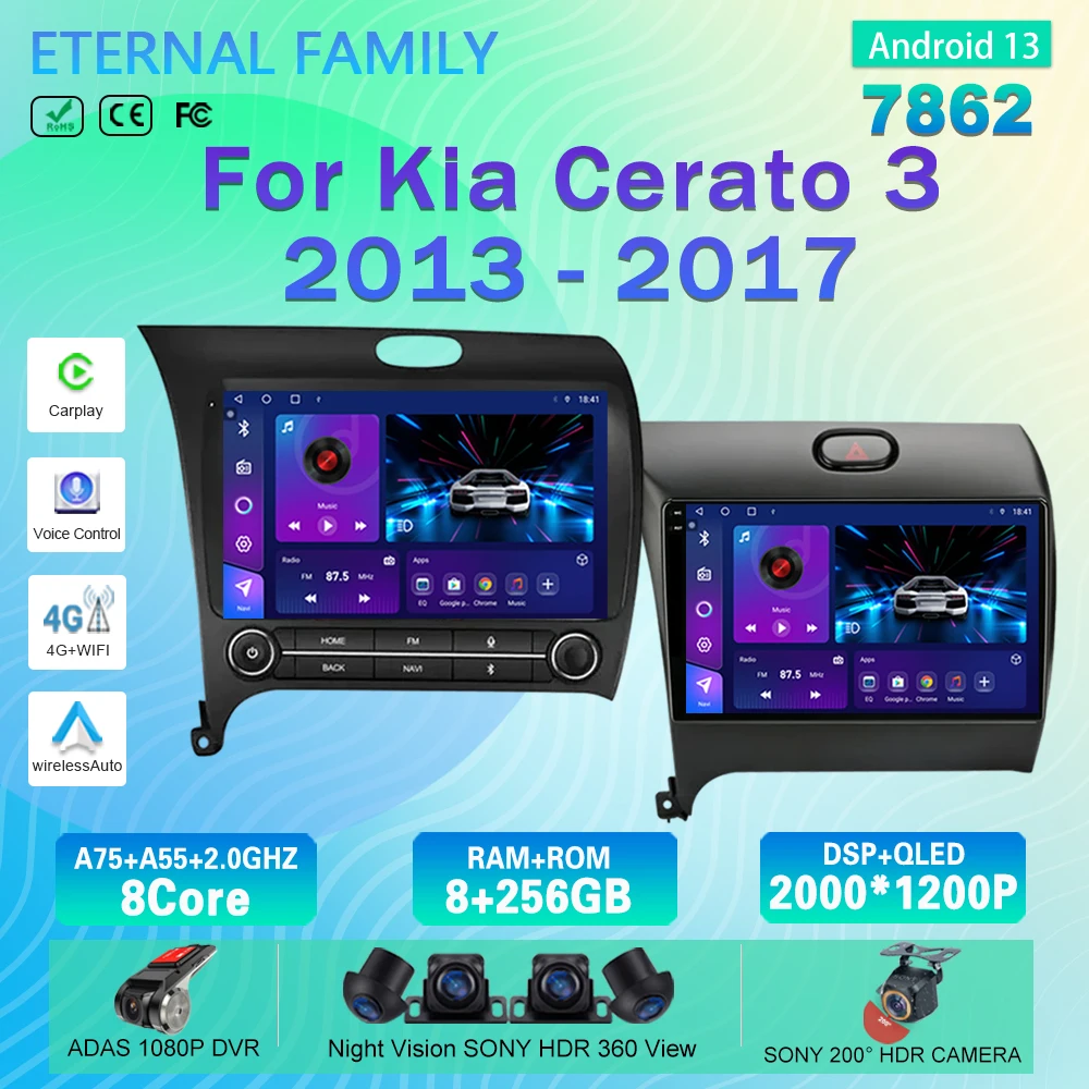 

Android 13 For Kia Cerato 3 K3 Forte 2013 - 2017 Car Radio Multimedia Video Player Navigation GPS Carplay 4G WIFI BT NO 2Din DVD