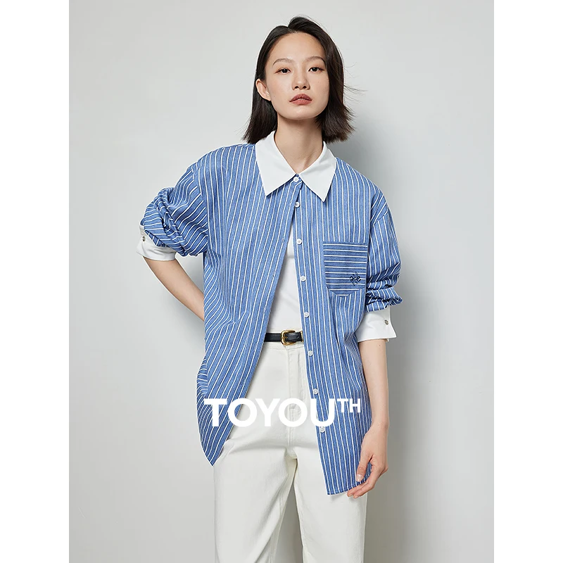 

TOYOUTH Women Stripe Shirts 2024 Spring New Long Sleeve Polo Neck Loose Blouse Logo Embroidery Fashion Casual Outwear Top