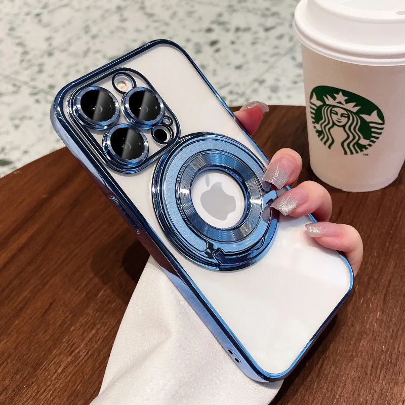 thumbnail image 1 of For iPhone 15 14 13 Pro Max Phone Case With Builtin Lens Film, Invisible Metal Bracket Magnetic Electroplating Protective Cases, 1 of 5