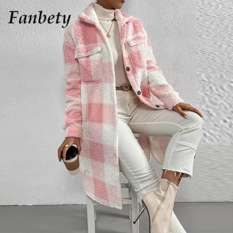 

Fashion Plaid Long-Sleeved Woolen Coat Women Lapel Fleece Warm Commuter Coat Autumn Winter Casual Office Single-Breasted Jacket