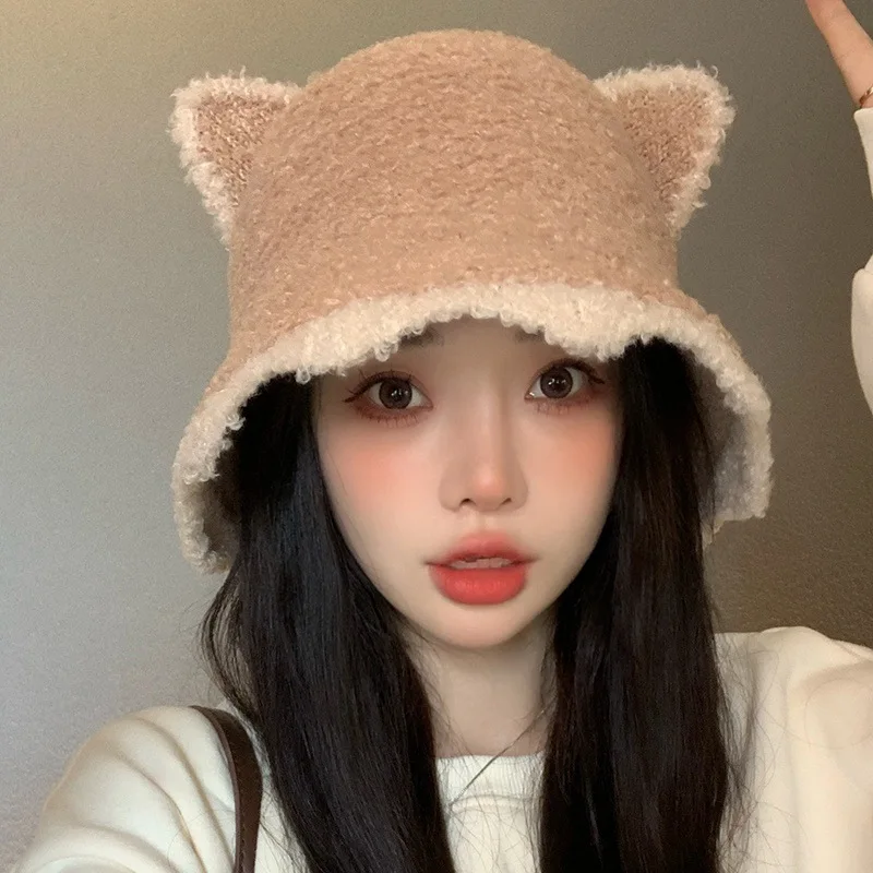 Cat Ear Fluffy Faux Fur Bucket Hats Women Rabbit Fur Warm Thick Plush Winter Hat Lady Fashion Luxury Panama Furry Fisherman Cap