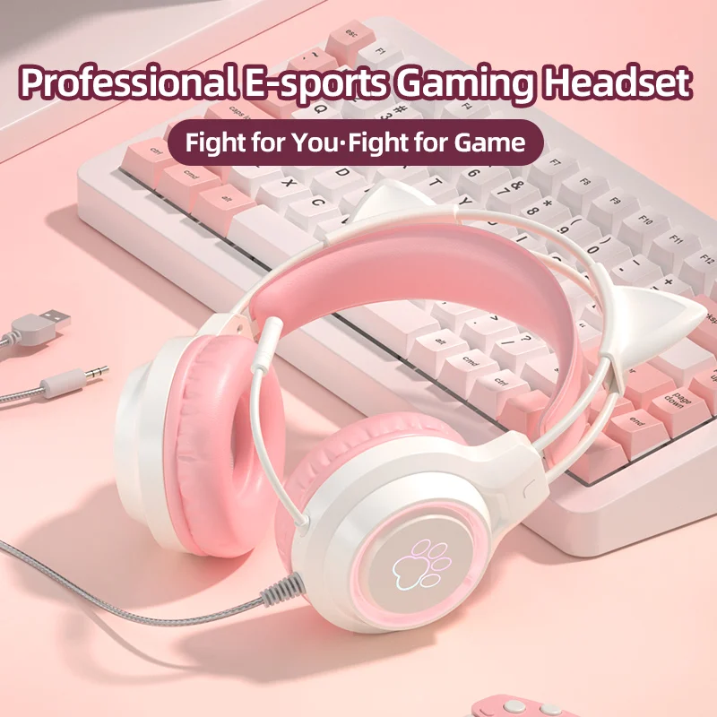 Professional LED Cat Ear Wired Gamer Headphones With Mic For PS4 PS5 Xbox Computer PC Gaming Headset With Mute Key