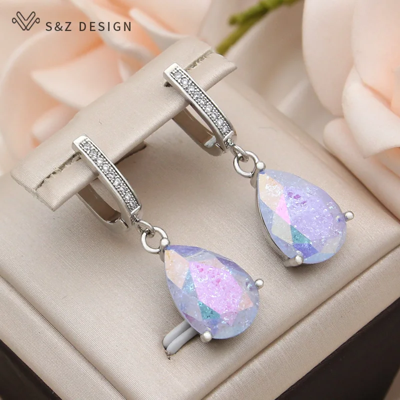 S&Z DESIGN New Fashion Cubic Zirconia Water Drop Ice Crack Crystal Dangle Earrings For Women 585 Rose Gold Color Eardrop Jewelry