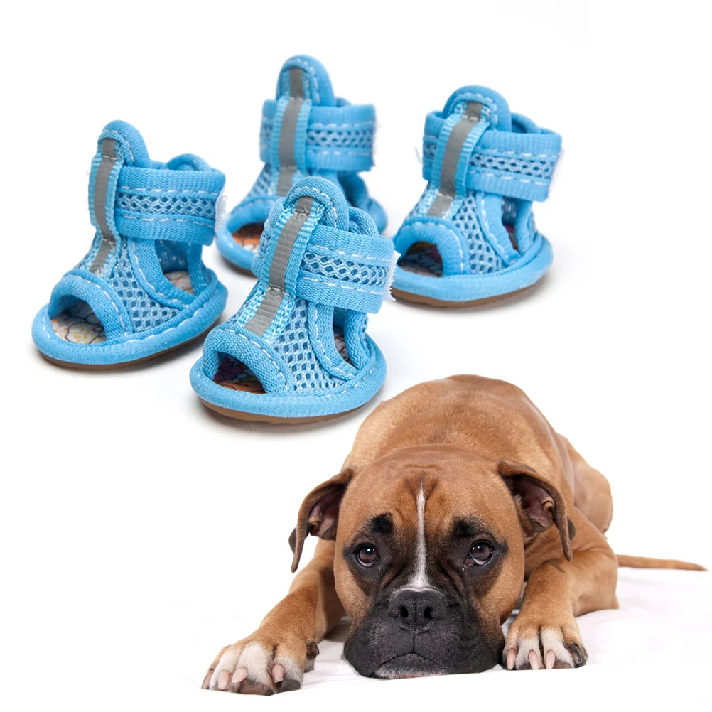 

4pcs Summer Breathable Bootiess Dog Paw Mesh Sandals Boots Anti-slip Paw Booties Supplies (Blue) - Size 1