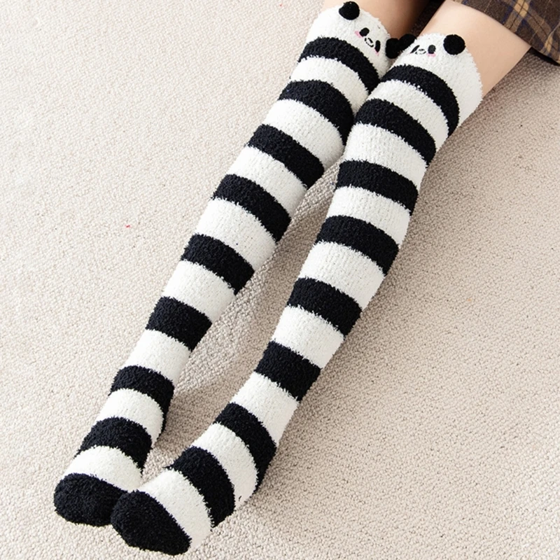 

Long Striped Fluffy Thigh High Socks for Women Cute Cartoon Coral Fleece Knee Socks Winter Leg Warmers Knee High Socks