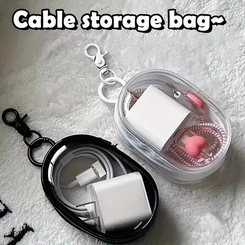 Portable Mini Clear Zipper Storage Bag Space-Saving Cable Organizer for Earphones Chargers With Keychain Loop