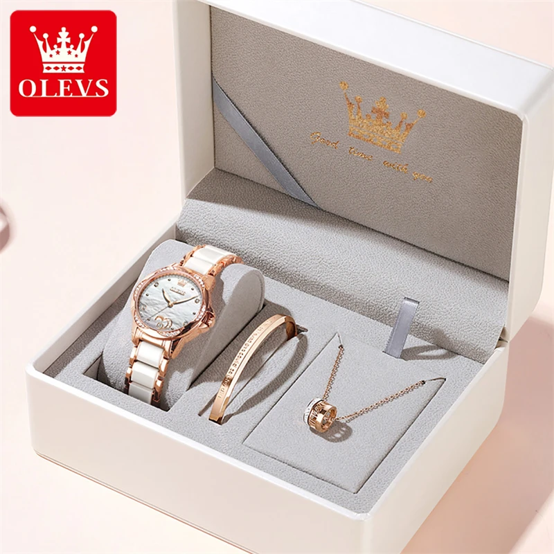 OLEVS Top Brand Luxury Ceramic Mechanical Watch for Women Fashion Diamond Bracelet and Necklace Set Automatic Watch for Women