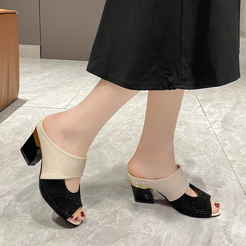 Women Sandals Square Heel 2023 Summer Shoes Woman Fashion Slides Cut-out Open Toe Slip on Mothers Sandal Female Bling Slippers