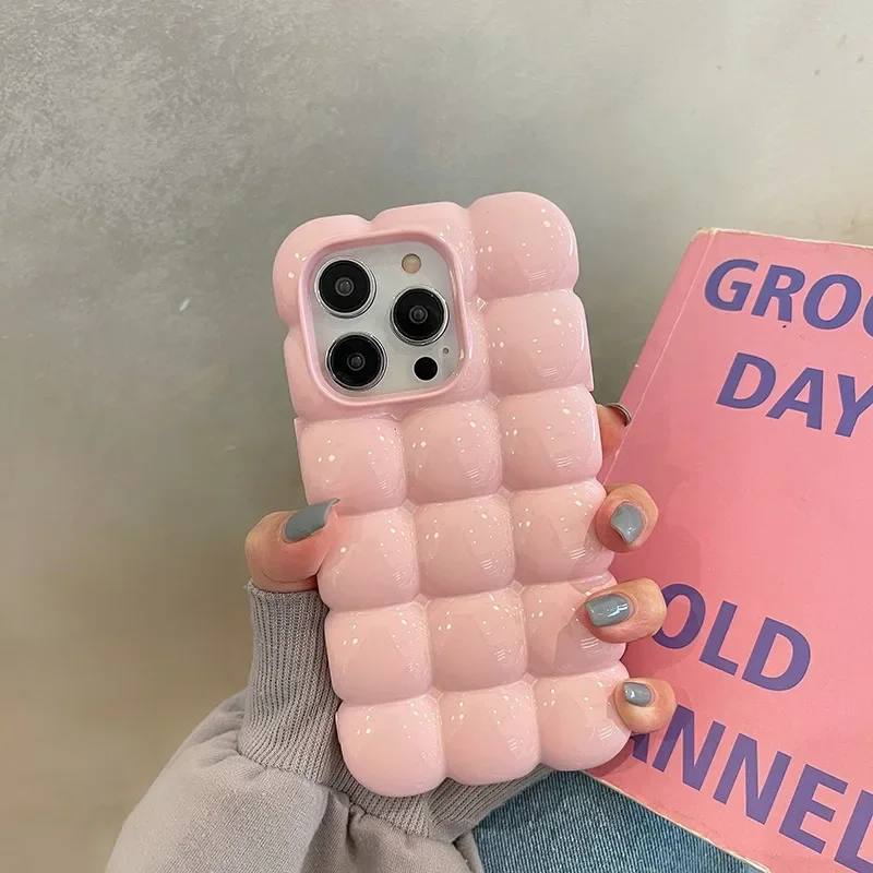 Cute Cartoon 3D Block Lattice Case for iPhone 15 14 13 16 Pro Max 12 11 Glossy Candy Solid Color Soft Silicone Shockproof Cover 4