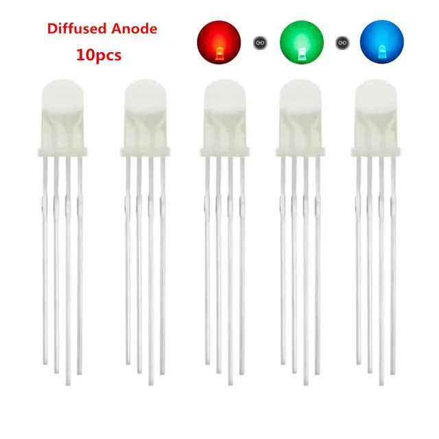10pcs 5mm RGB LED Common Cathode / Common Anode Tri-Color Emitting ...