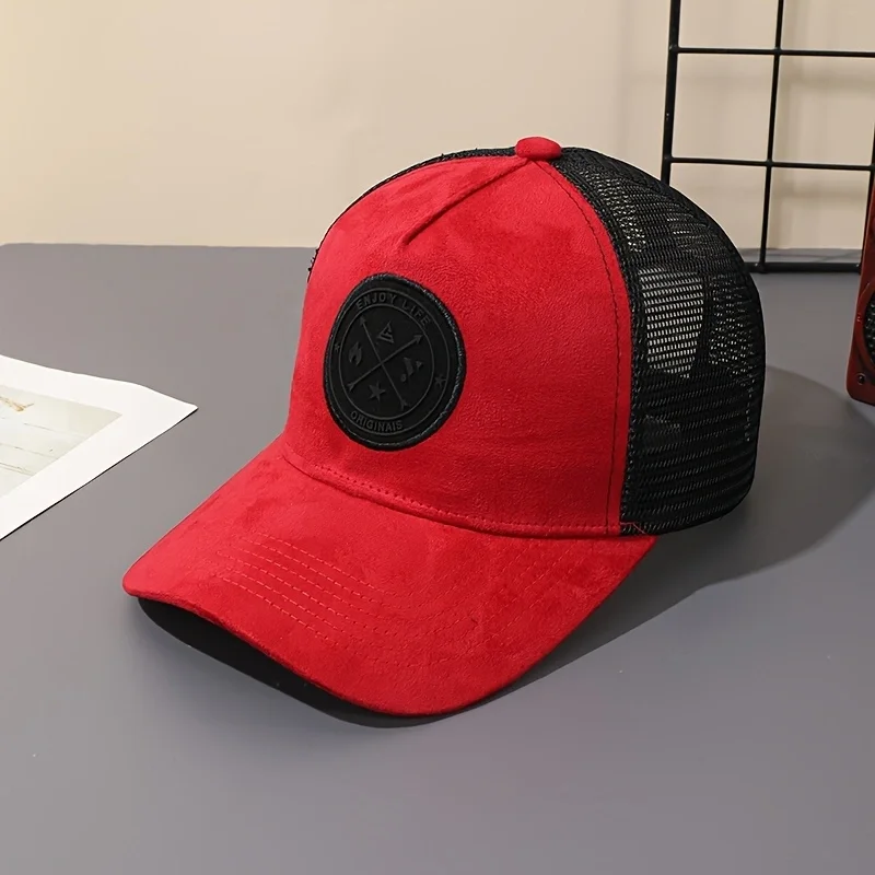Retro-Baseballkappe aus Wildleder-Patchwork mit rundem Logo, atmungsaktiver Sommer-Sonnenhut aus Mesh, lässiger Sonnenschutzhut für den Außenbereich – Detail 8