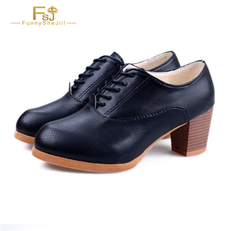 

Navy Oxford Round Toe Heels Lace-Up Block Heels Women'S Large Size 15 16