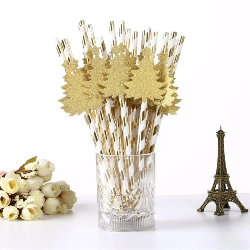 30 Pcs Disposables Drinking Straws Christmas Paper Straws Recyclable Striped for Coffee, Milk, Juice, Cocktial