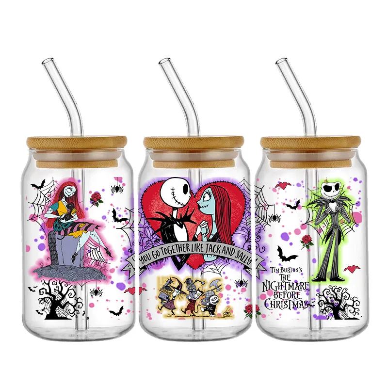 UV DTF 컵 랩 전사 스티커, 유리, 잭, 샐리 마찰에 대한 전사 데칼, 16OZ 유리 컵, 가구 목재 공예
