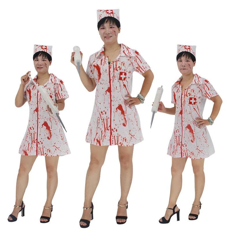 Teen Girls & Women Halloween party Horror Nurse Zombie Costume Scary Bloody White Dress Uniform Fancy Clothing Outfit For Female