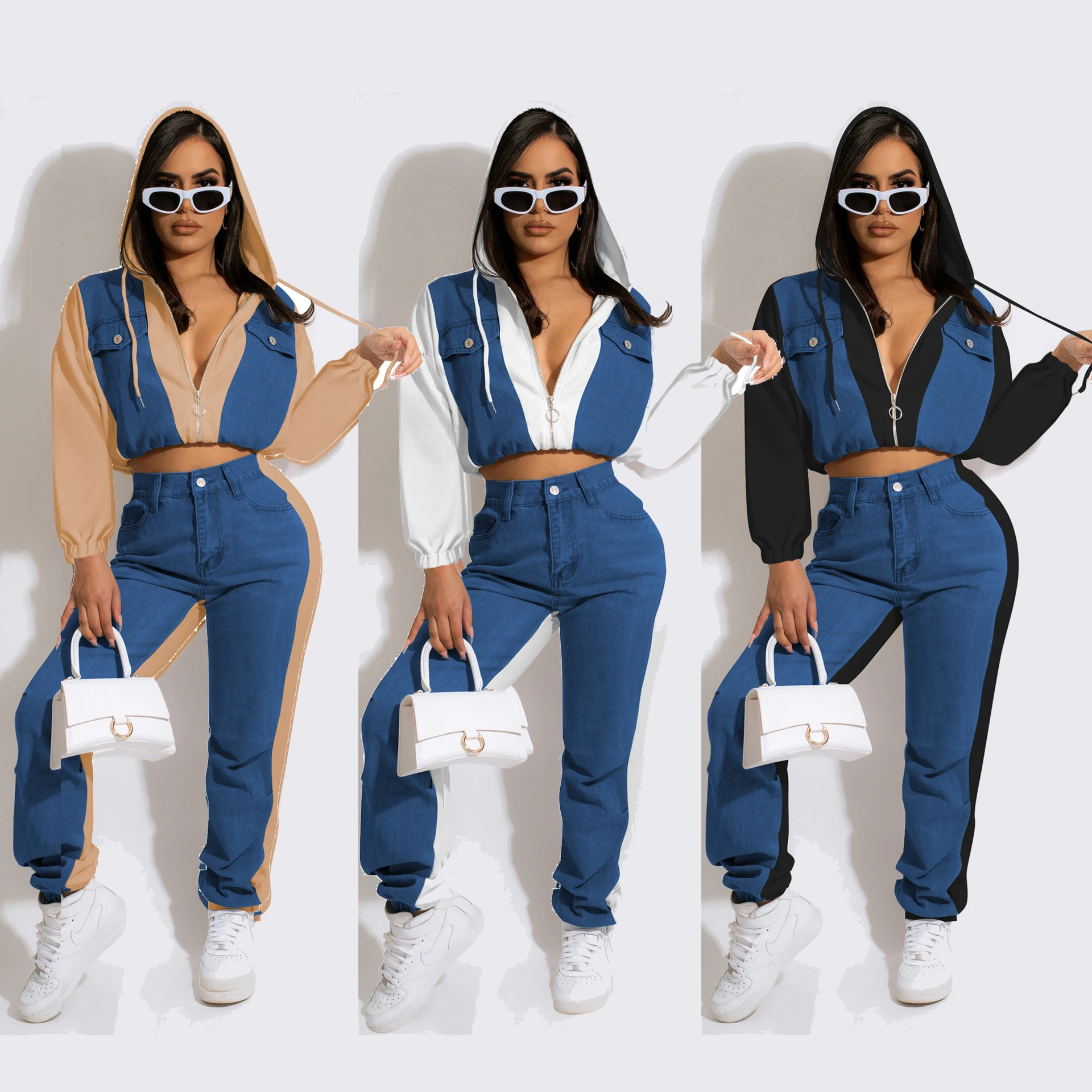 Denim Jacket Hoodie Top Two Piece Sets 2022 Women Fall Winter Clothes Outfit Y2K Streetwear Cropped Coat Jackets 2 Pieces Set 2022 denim cropped pant women new fat mm loose elastic harem pants girls casual pants all match high waist summer breeches trend
