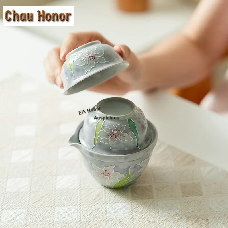 Misty Purple Pure Hand-painted Lily Travel Tea Set Kit Traditional 1 Pot 2 Cups Tea Making Organizer Portable Picnic Stock Bags