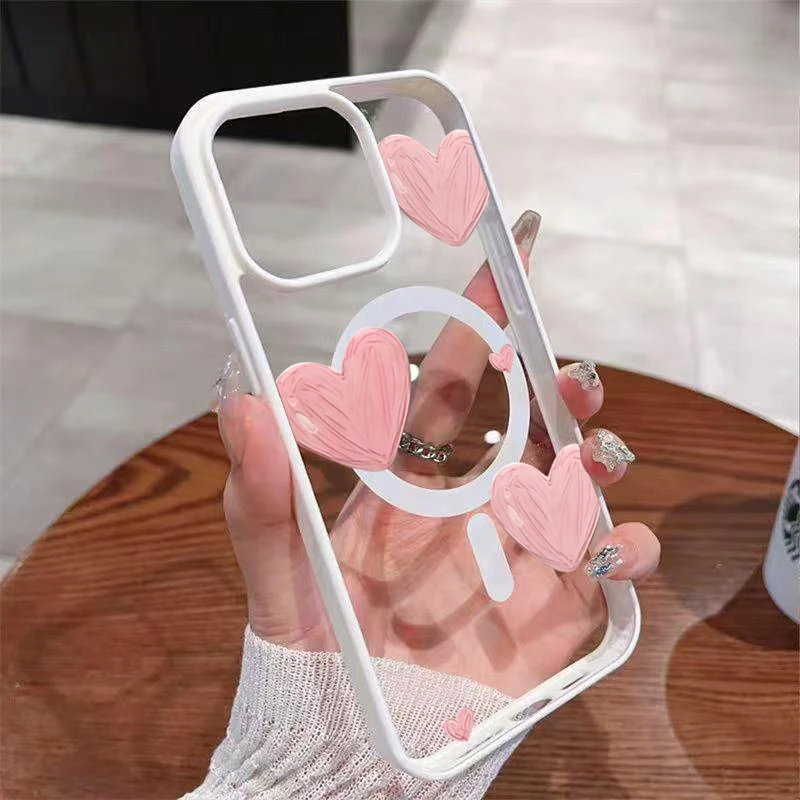 Hand-Painted Pink Heart Magnetic Phone Case with Bumper Cover