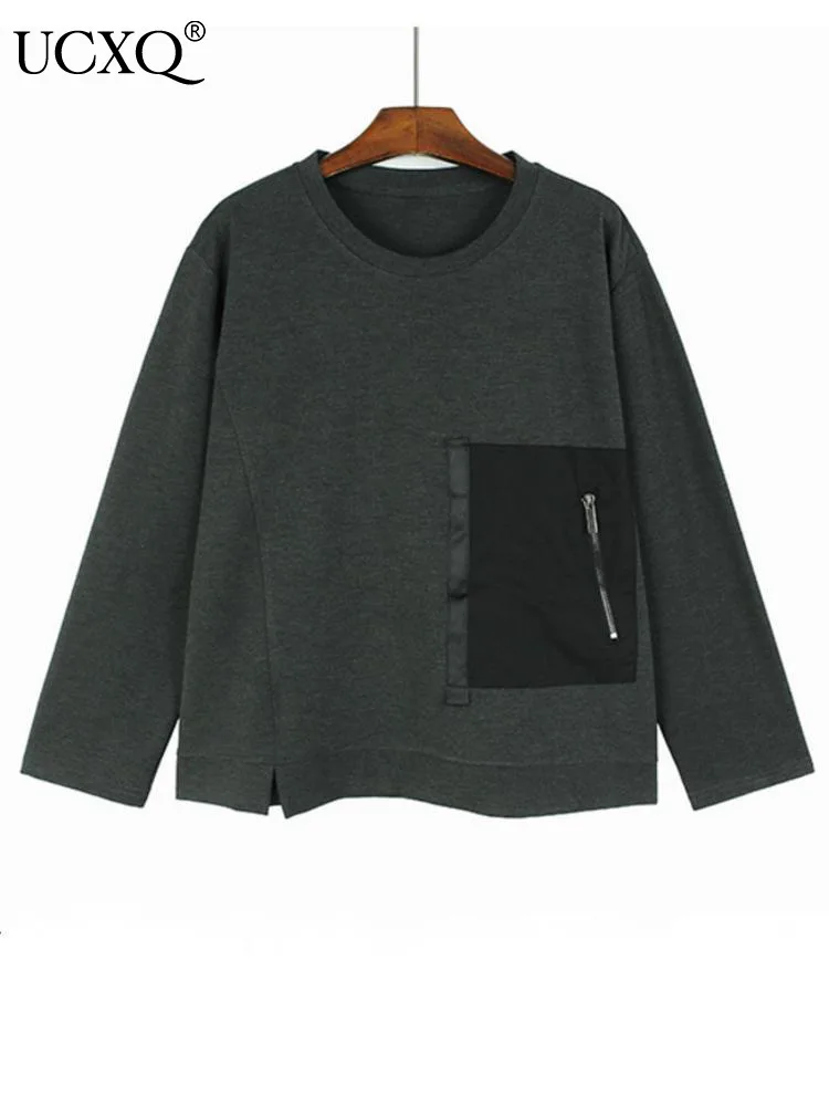 

UCXQ Однотонная футболка с круглым вырезом с длинным рукавом на молнии с накладными карманами Свободный Повседневный Универсальный Топ для женщин 2024 Новинка весна осень 16U7034