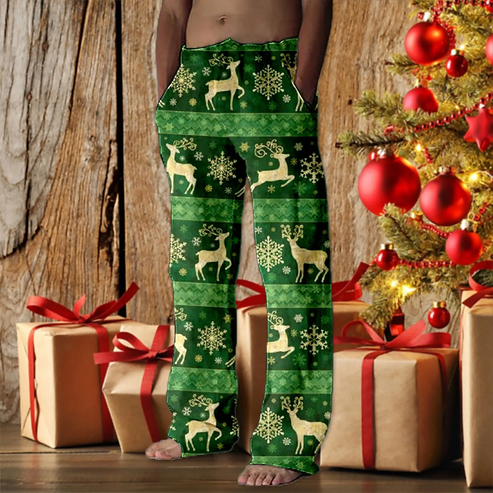 

Christmas Casual Pants Trousers Home Male Autumn Winter snowflake deer Printed Celebration Bottoms Pocket Holiday pantalones