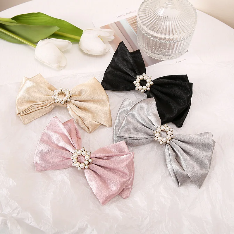 

1PC Big Size Satin Made Pearl Decoration Bowknot Hairclips for Girls Vintage Strong Duckbill Clip Hair Barrettes Christmas Gift