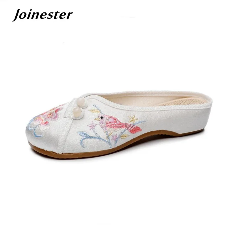 

Ancient Style Women Satin Slippers Summer Casual Linen Slides for Ladies Round Closed Toe Outside Mules Female Retro Sandals