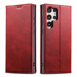 Luxury Calfskin Magnetic Flip Leather Wallet Case - Premium PU Leather - Galaxy S22 (Red)