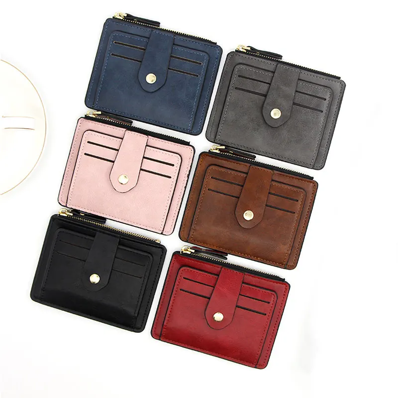 

2022 Solid Zipper Business Style Card Holder For Women Men Thin Colorful PU leather Coin Purses Snap Button Design Brand Wallet