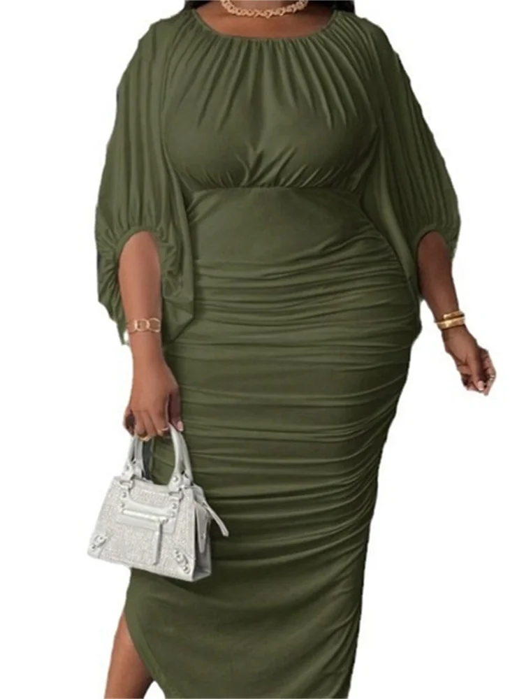 Wmstar Plus Size Dresses for Women Bodycon Stretch Elegant Bdraped Sleeve Split Hem Maxi Dress Summer Wholesale Dropshipping