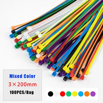 หลายสี 3 × 200 มม. 100 ชิ้น Self - Locking Nylon Cable Tie อย่างรวดเร็ว Bundle ห่วงพลาสติกลวดห่อ 1