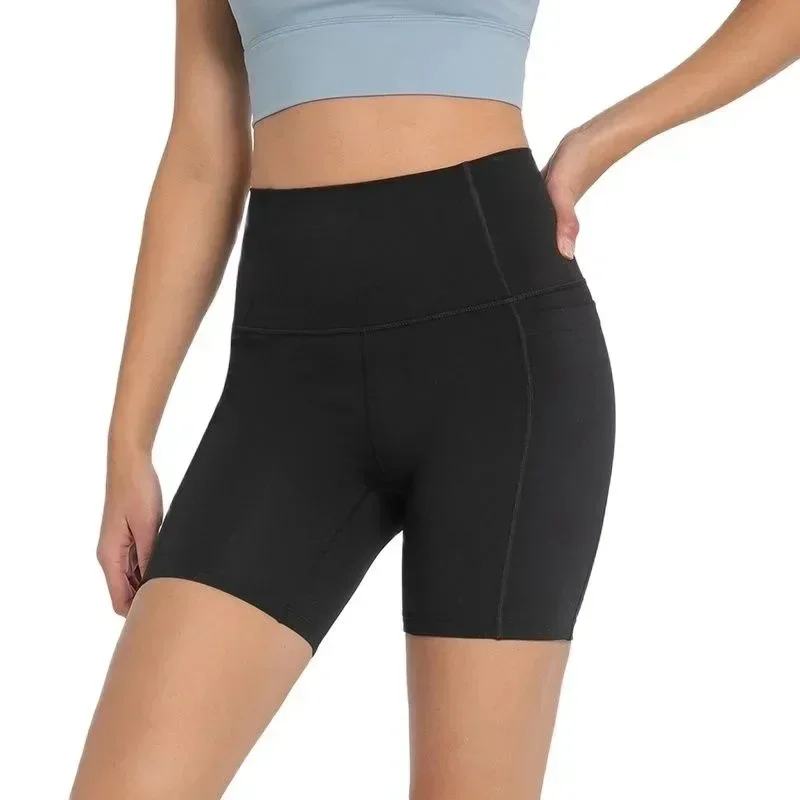Lemon Biker Stretch High Waist Gym Yoga Shorts Women Tummy Control Fitness Athletic Workout Running Shorts with Side Pocket