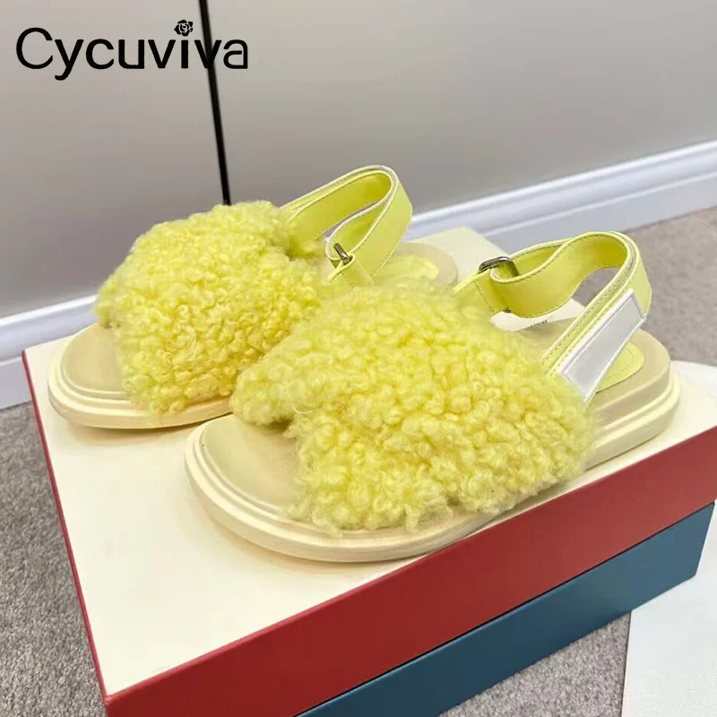 

2023 Summer Wool Flat Beach Sandals Women Slingback Platform Brand Casual Shoes For Women Holiday Rome Fur Sandals Women