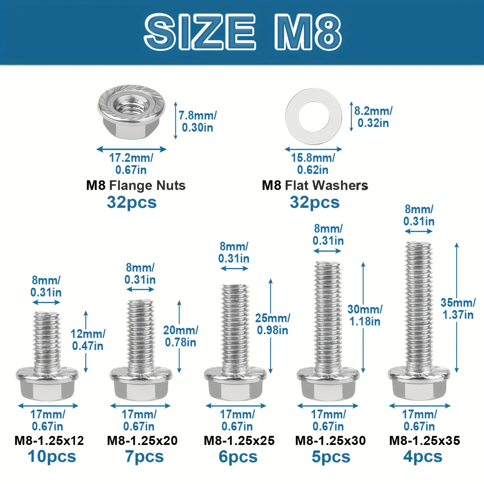 VKKM 96 pcs Stainless Steel M8 Hex Cap Flange Bolt Assortment Kit/Screws, Nuts & Washers, M8-1.25 x 12/20/25/30/35mm