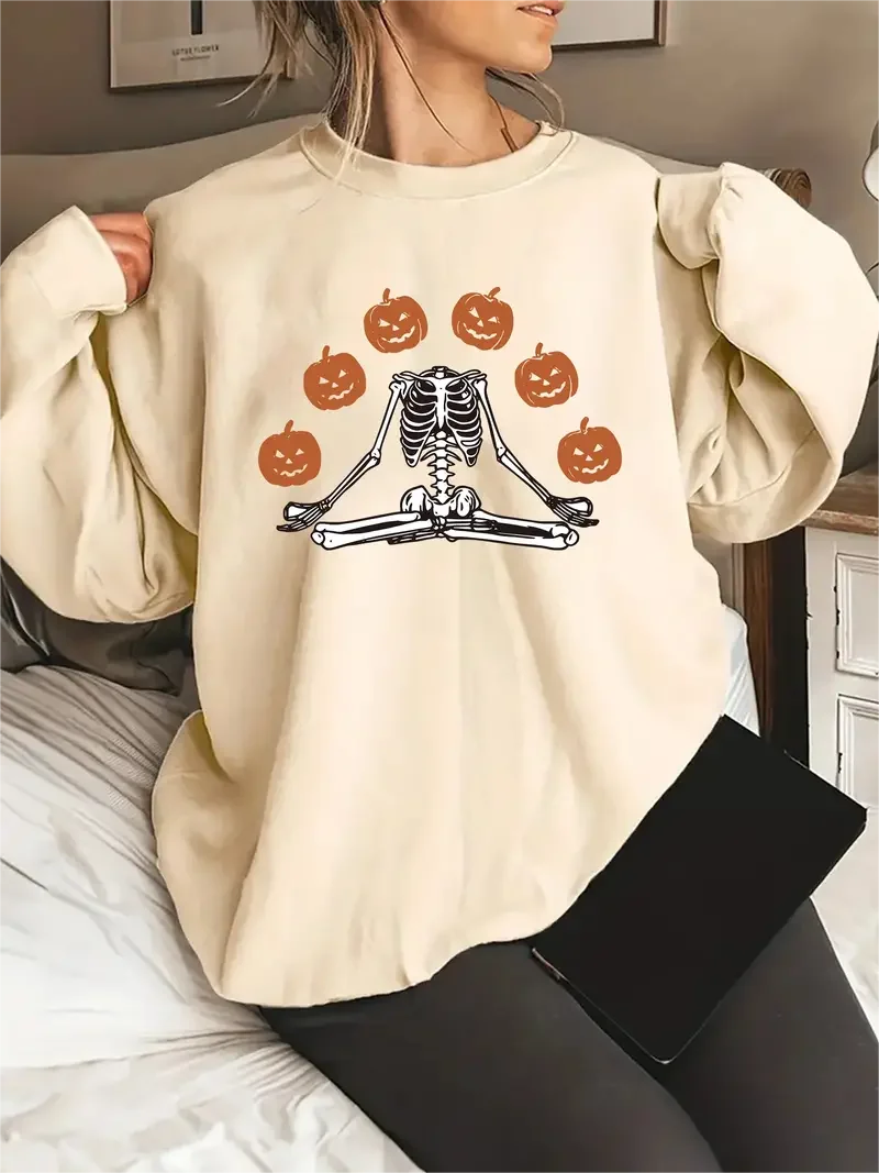 Halloween Pumpkin Skull Print Long Sleeve Round Neck Pullover Top Women Plus Size Casual Sweatshirt