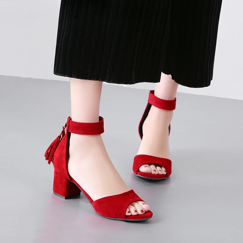 High Sandals Female Pump New Fashion Buckle Strap Soft Synthetic Leather Thick Heel Solid Party Women Pumps Sandals