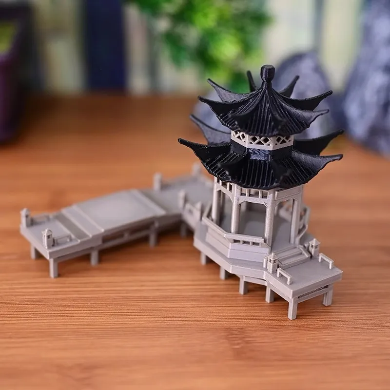 Chinese Octagonal Pavilion Miniature - Ancient Style Landscape Decor with Platform, Rockery for Aquarium,Zen Garden Display