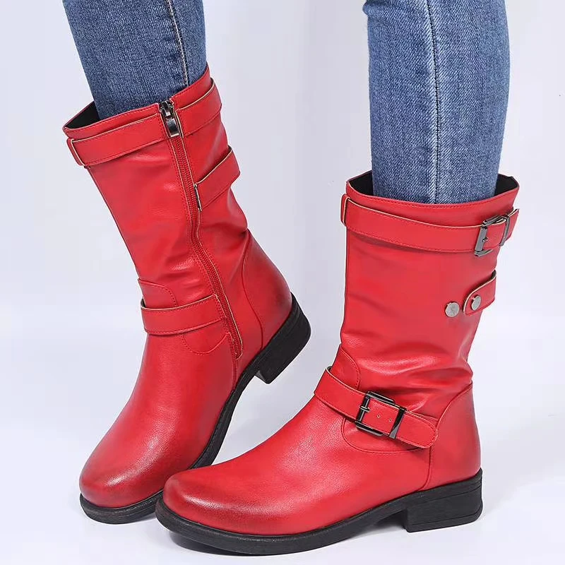 thumbnail image 1 of Botas a media pantorrilla con hebilla para mujer, botas medias con cremallera y tacón cuadrado bajo para mujer, zapatos planos de Pu para Otoño e Invierno 2023, negro, gris, talla 43, 1 of 4