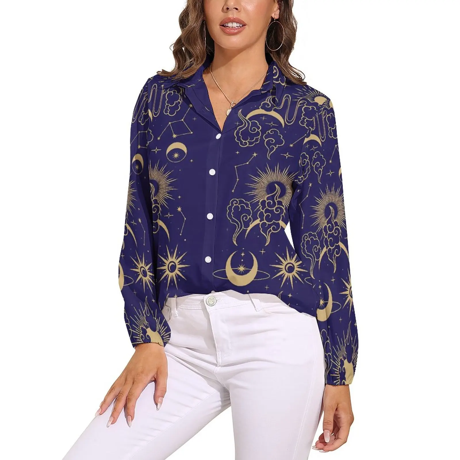 

Retro Astrology Blouse Celestial Moon Trendy Graphic Blouses Womens Street Style Shirt Summer Long-Sleeve Oversized Top