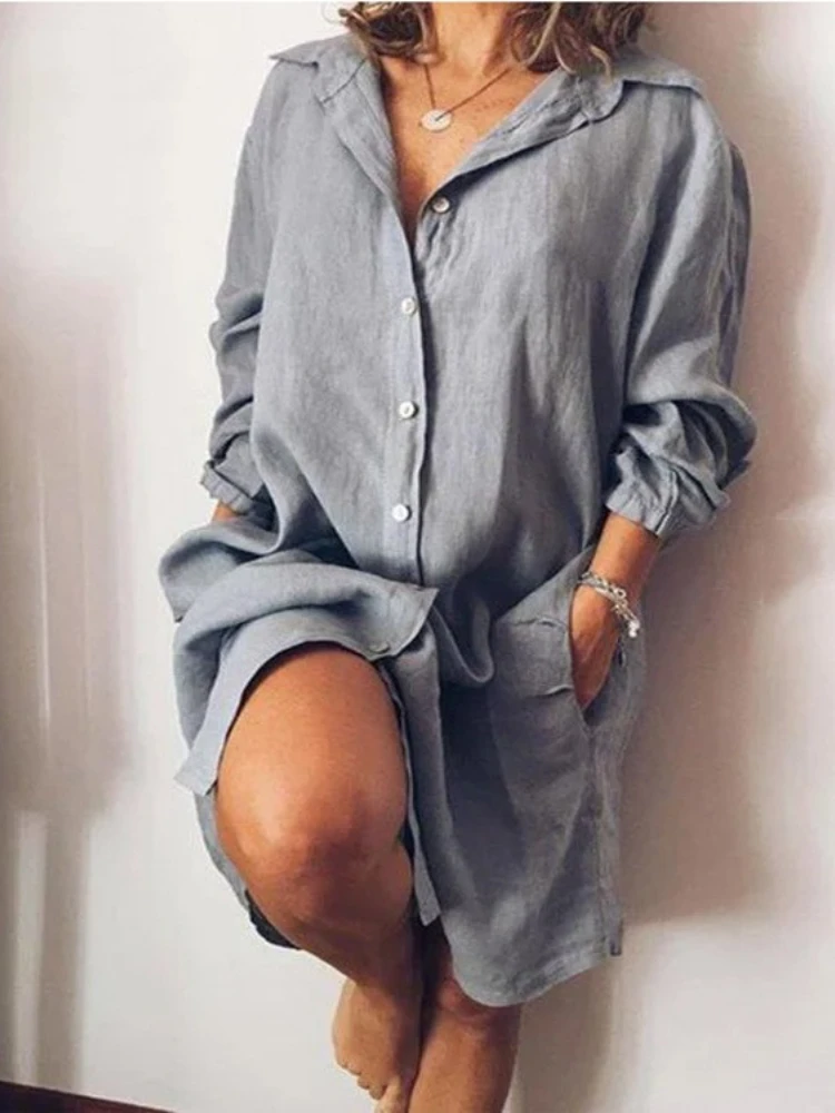 2024 Autumn Fashion New Elegant Cotton and Hemp Women's Dress Elegant Commuting Style Flip Collar Single Breasted Elegant Dress 6